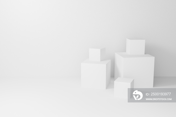 Abstract white cube isolated on gray wall background with geometric shape. 3d render design for display product and banner on website. Blank 3d box mockup with podium. Empty showcase for advertising.