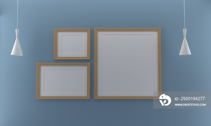 3D rendering of frames mounted on a pale blue wall with hanging lamps on the side