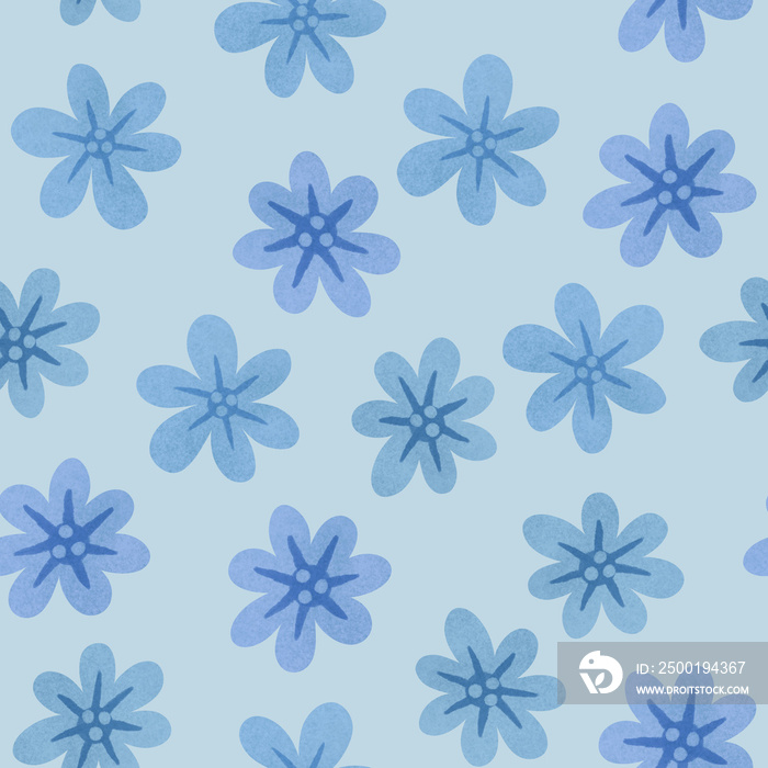 Spring blue flowers seamless pattern. Raster floral allover print. Textured cute flowers on blue background