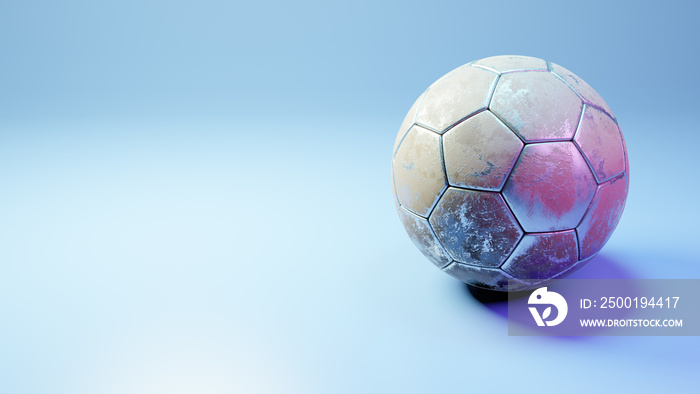 Soccer ball in goal on blue background, metal ball on blue background, 3d rendering