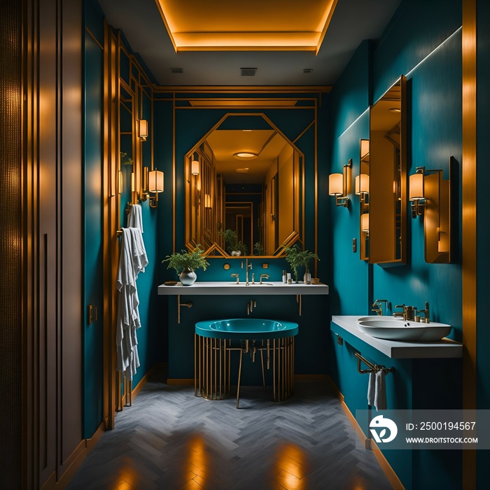 Photo of a stylish bathroom with blue walls and elegant gold accents