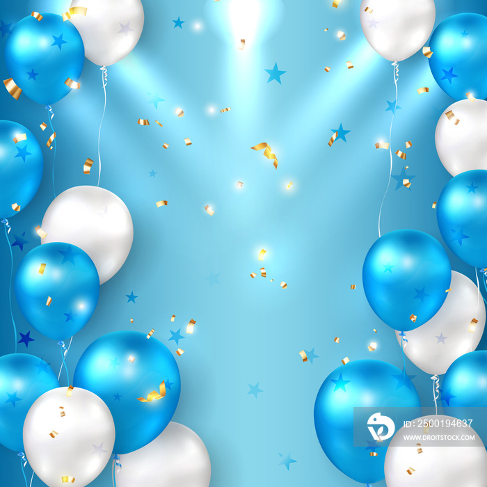 Elegant golden blue silver white ballon and cloth Bunting party popper ribbon Happy Birthday celebration card banner template