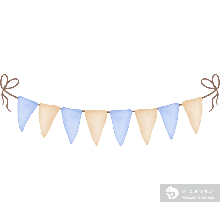 Watercolor blue and beige bunting clipart isolated on transparent background. Birthday party decoration,new year,etc.