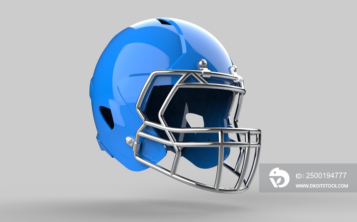 Sample American football blue helmet Perspective view Sport equipment 3D render Illustration Isolated on grey background.