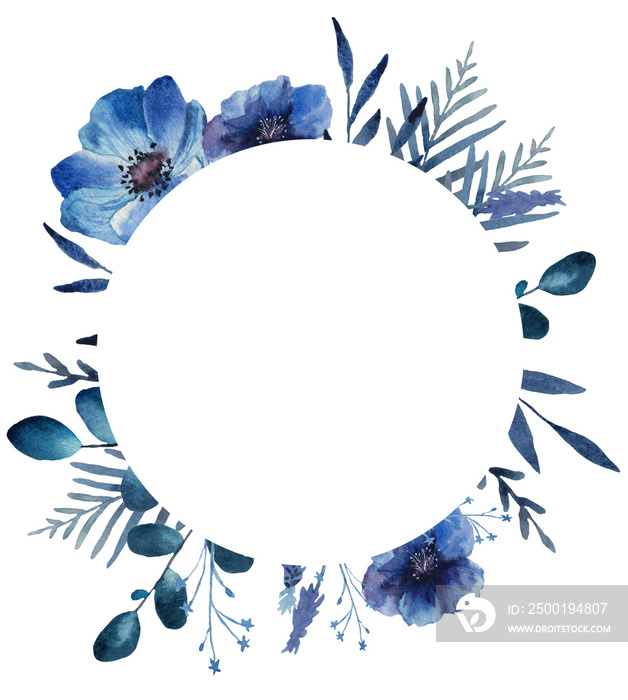 Round  of blue and blue flowers, painted with watercolors, on a white background, wedding illustration, for your design