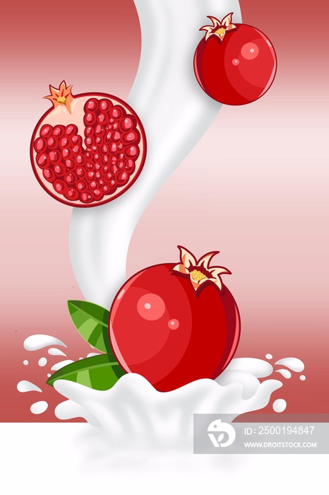 Wallpaper milk water red pomegranate  yogurt ice cream product cartoon, concept fruit, summer, sweet, splashing, gradient background