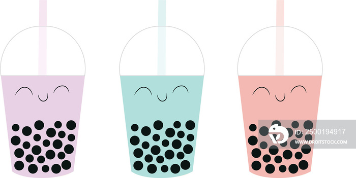 Three colorful bubble tea cups isolated