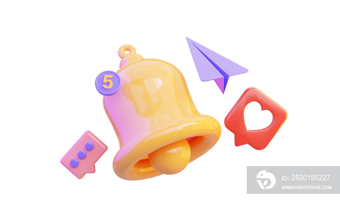 notification bell with chat emoji icon on white background 3d render concept for message alert