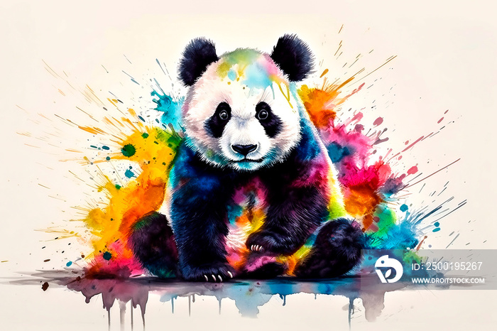 Panda with colorful splashes on white background.