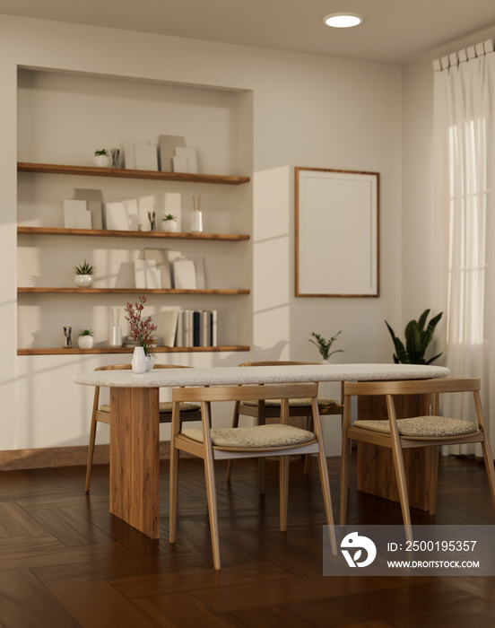 Beautiful Scandinavian dining room with minimal wood dining table, built-in shelves with decor