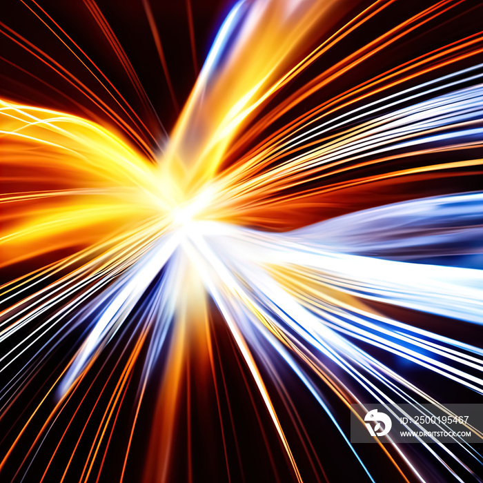 Burst of neon light. Multicolored sci-fi laser beams shoot out from the center. Abstract background in the style of retro futurism on the theme of high technology and scientific progress.