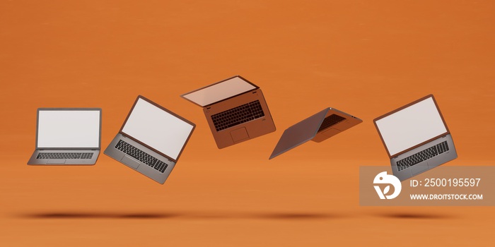 modern technologies. work online. patterns of laptops flying apart with shadows on an orange background. 3d illustration. 3d render