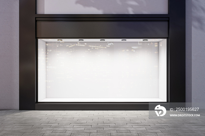 Front view on blank light wall background in empty shop window with place for your product presentation behind glass walls with night city reflection in modern building outdoors. 3D rendering, mockup