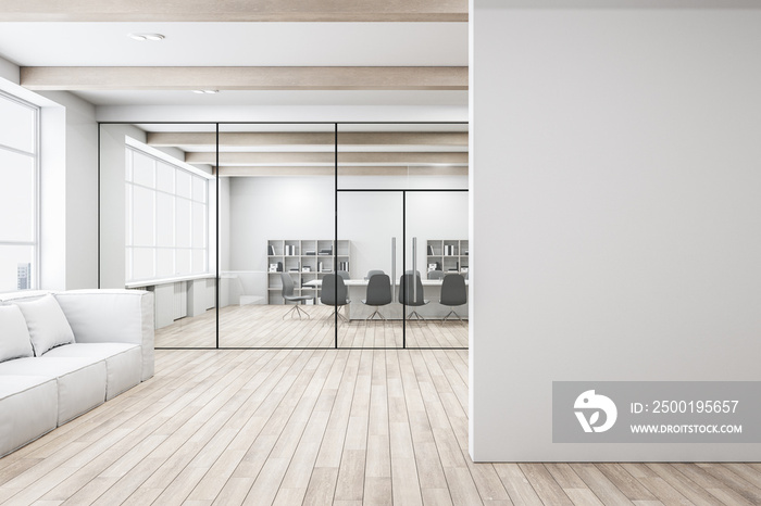 Modern glass meeting room interior with blank white mock up place, furniture, wooden flooring, equipment and panoramic windows with city view. 3D Rendering.