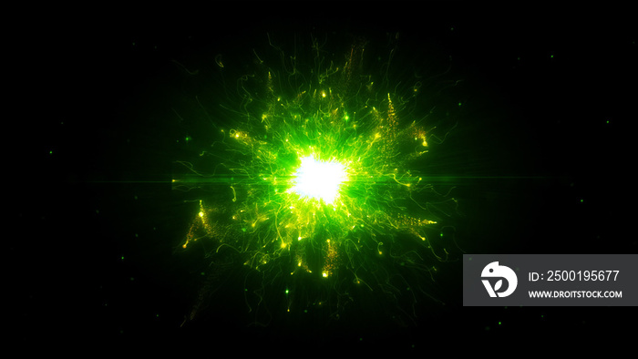 Green futuristic space particles  in bright round energy structure. space orb VFX design element. Abstract colorful lights background animation energy ray of power electric magnetic.