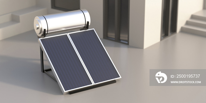 Solar water heater, panels and boiler on house terrace. 3d illustration