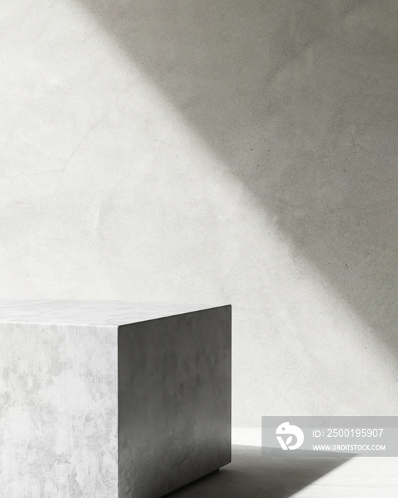 Black minimal cube polished concrete podium in sunlight, shadow on gray cement texture floor, wall loft style for modern luxury beauty, cosmetic, organic, fashion product display background 3D