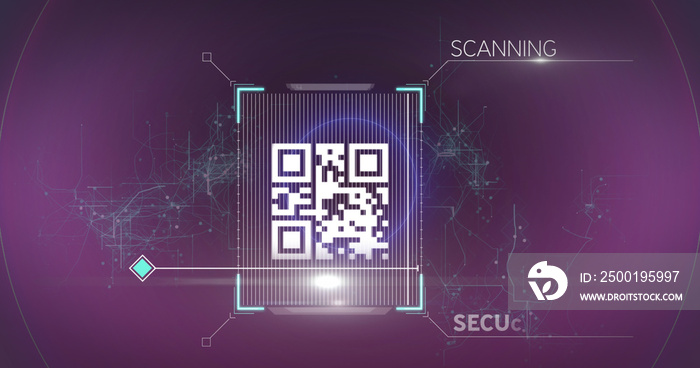 Image of neon circles over qr code on violet background