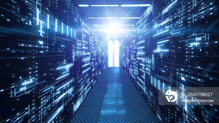 3D Rendering of data center room with abstract data servers and glowing led indicators, abstract network and ceiling lights. For Big data, machine learning, artificial intelligence concept background.