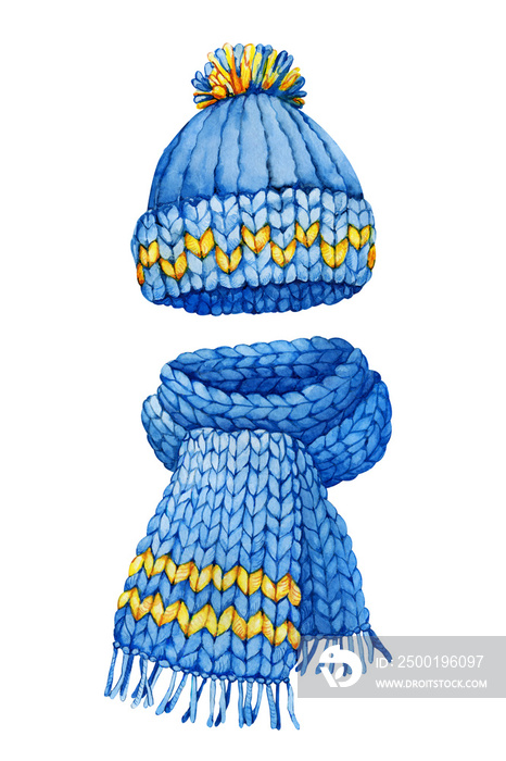 Winter or autumn blue knitted hat and a scarf, a set for a boy. Hand drawn closeup watercolor illustration. Design of a business card for a needlewoman, knitted knitted goods, icon, logo, tag