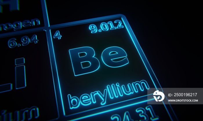 Focus on chemical element Beryllium illuminated in periodic table of elements. 3D rendering