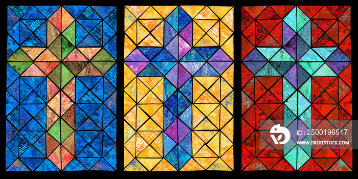 stained glass effect cross painted collage trio