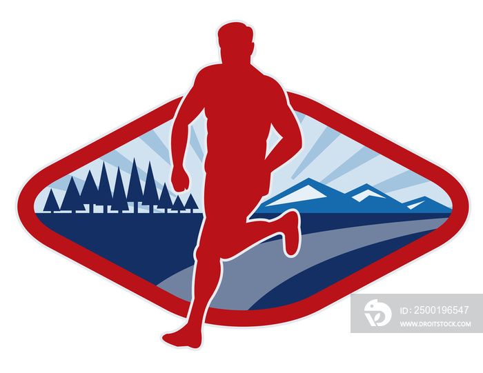 illustration of a Cross country runner with landscape and sunburst