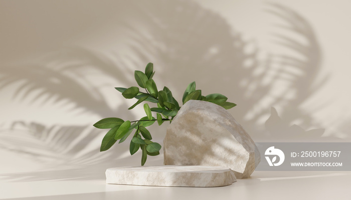 3D white stone podium or rock dais stage and nature green leaves. elegant podium mock-up stand product scene beige background. 3d podium stage illustration render.