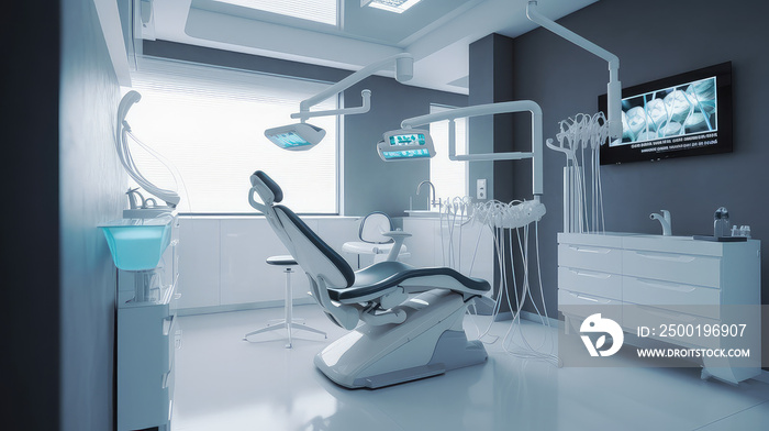 A modern empty dental clinic interior with bright overhead light and dental chairs with equipment