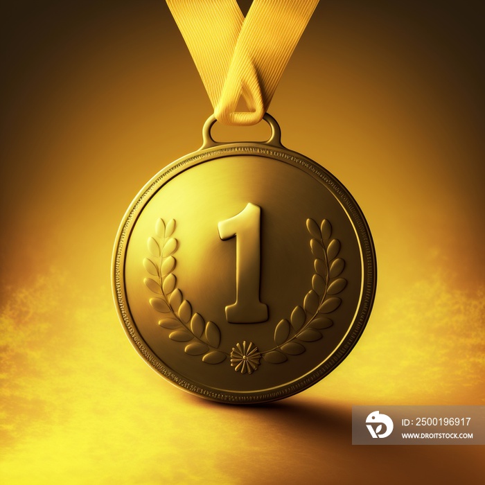 Gold medal with number 1, illustration, yellow background. AI