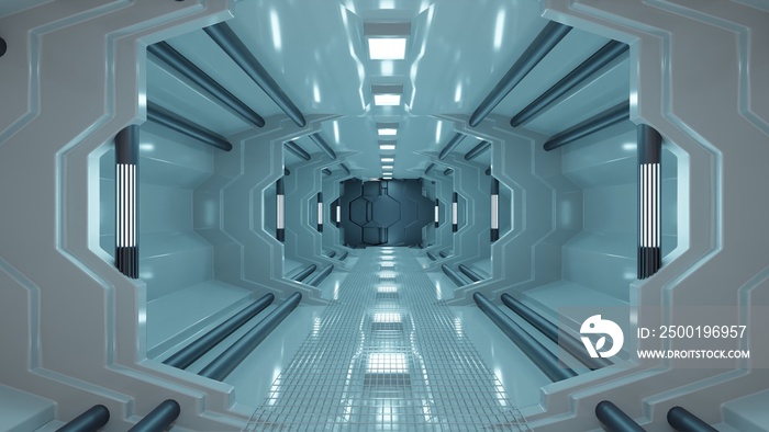 3D. background And Lighting,of realistic sci-fi spaceship corridor.3D rendering .