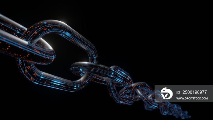 3D Rendering of metal chain with glowing led blue and digital dots orange data with depth of field on dark background. Concept of block chain connection. Backbone core technology of Crypto currency