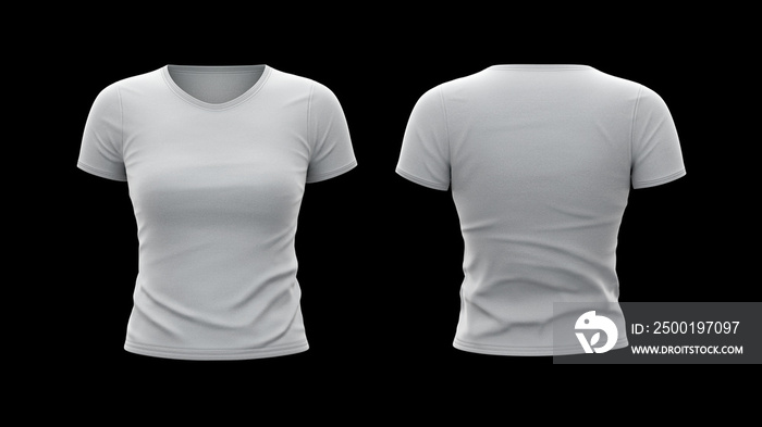 Front and back views of white women’s t-shirt on black background - 3D illustration - mockup of women’s t-shirt