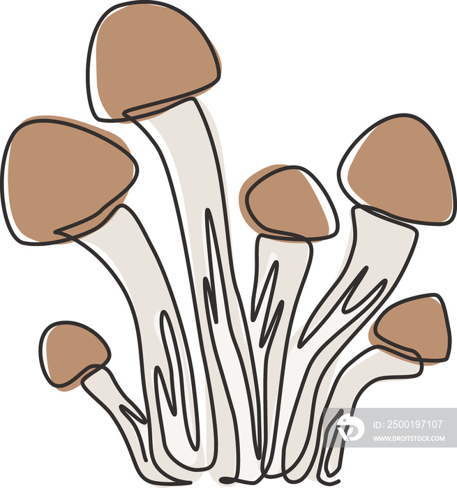 Single continuous line drawing of whole healthy organic mushrooms for farm logo identity. Fresh toadstool concept for vegetable icon. Modern one line draw design vector graphic illustration