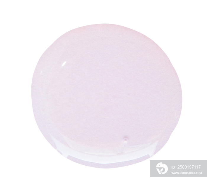 Serum gel drops. Clear pink liquid skincare product  with bubbles. Cosmetic swatches isolated on white background