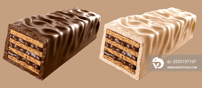 Chocolate coated crispy wafer bar. Isolated on background. 3d illustration