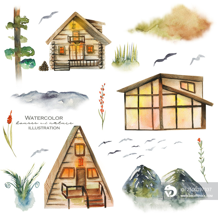 Collection of watercolor forest houses, cottages and nature elements, hand drawn isolated illustration on white background