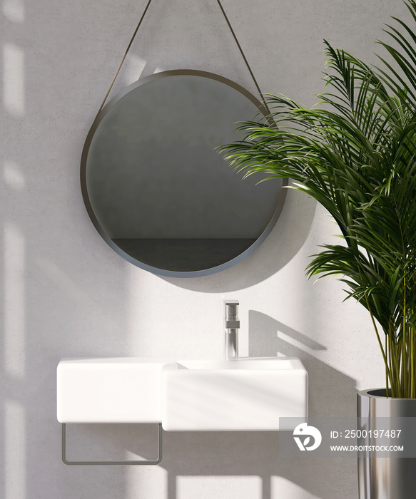 Realistic 3D render white hygiene wall hung ceramic wash basin sink in modern bathroom with round mirror and palm leaves decor plants and morning sunlight. Toiletries, Toilet, Products display, wall.