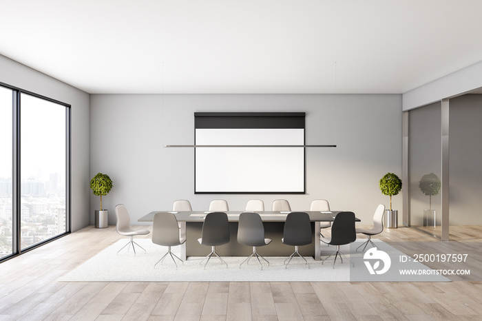 Stylish sunny meeting room with conference table and chairs on carpet, blank white board on wall and city view from the window. 3D rendering, mock up