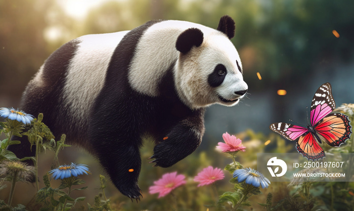 Cute panda chasing butterflies in the garden