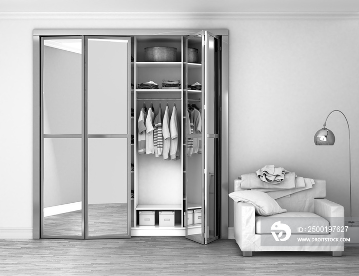 Dressing room with sliding doors, black and white picture. 3d Illustration