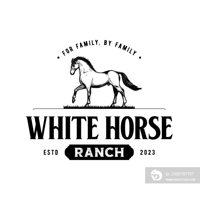 Horse Ranch Logo Template Vintage Hand Drawn Illustration and Vector Stock