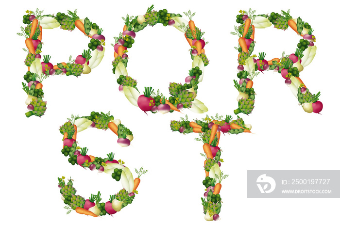 Vegan, vegetarian healthy RAW latin alphabet. Bright vegetable isolated font on white background. Part 4
