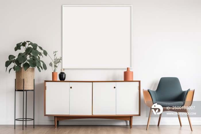 Mid century modern interior frame mockup in empty room with white wall, dresser, console, lounge chair, armchair, floor lamp, plant