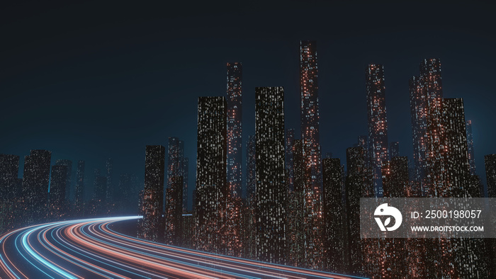 3D Rendering of abstract highway path through digital binary towers in city. Concept of big data, machine learning, artificial intelligence, hyper loop, virtual reality, high speed network.