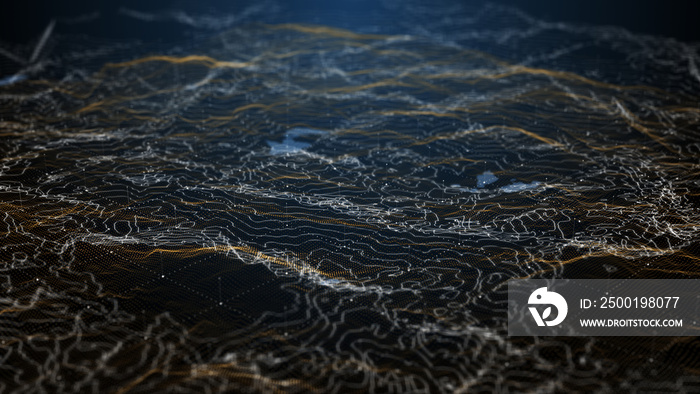 Digital dark orange landscape particle.3D Rendering.