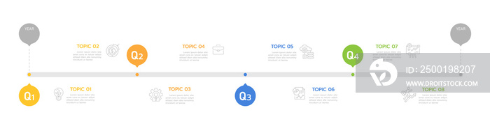 Infographic template for business. 8 Steps Modern Timeline diagram calendar with quarter topics, presentation vector infographic with PNG transparent background.