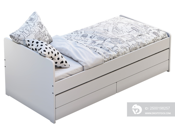 White single children’s bed with storage. 3d render