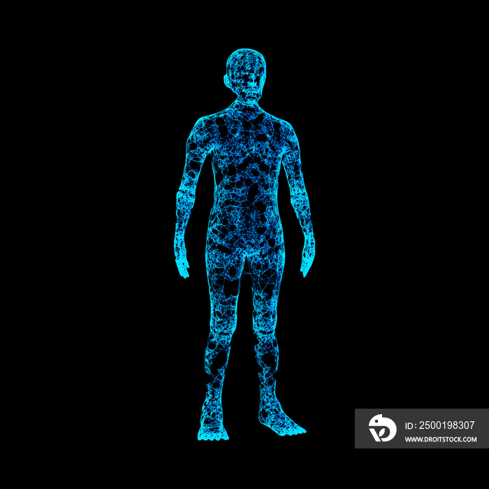 Blue human body isolated on black background. Artificial intelligence high-tech in digital computer technology concept. 3d illustration.