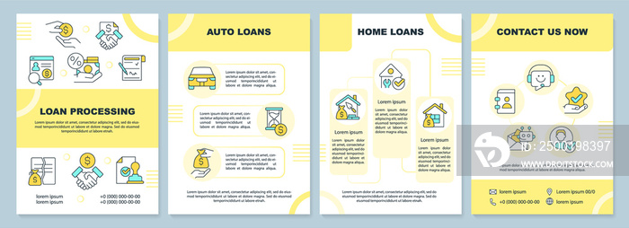 Loans yellow brochure template. Banking service. Leaflet design with linear icons. 4 raster layouts for presentation, annual reports